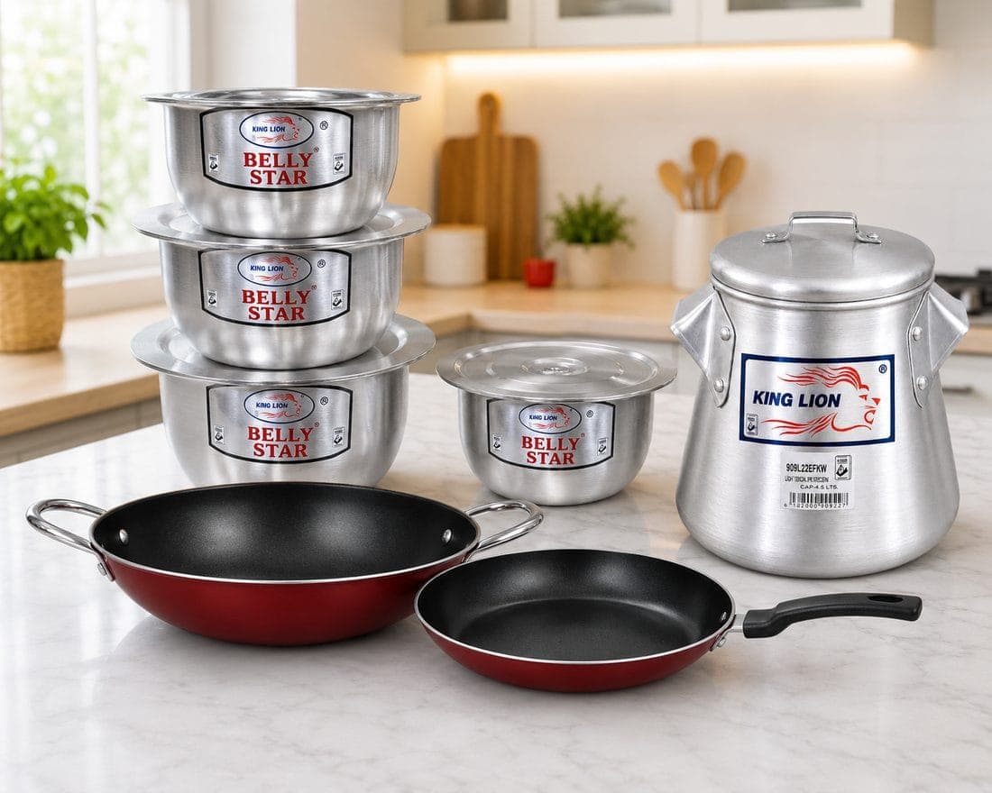 Combo: Set of 4 Heavy Sufuria with Lids (belly Star) + Non-Stick Pan 24cm + Non-Stick Karai 24cm + Conical Pot 9L
